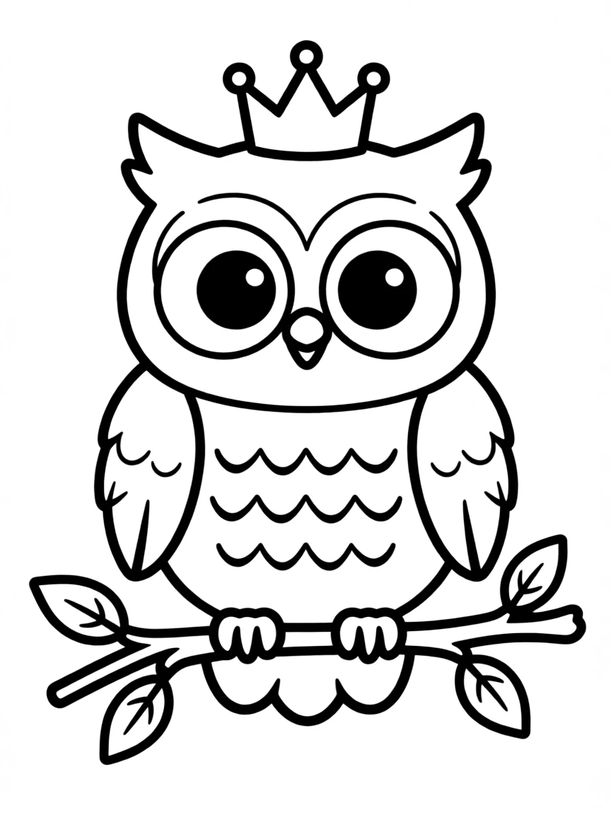Cute cartoon owl wearing a tiny crown coloring book page