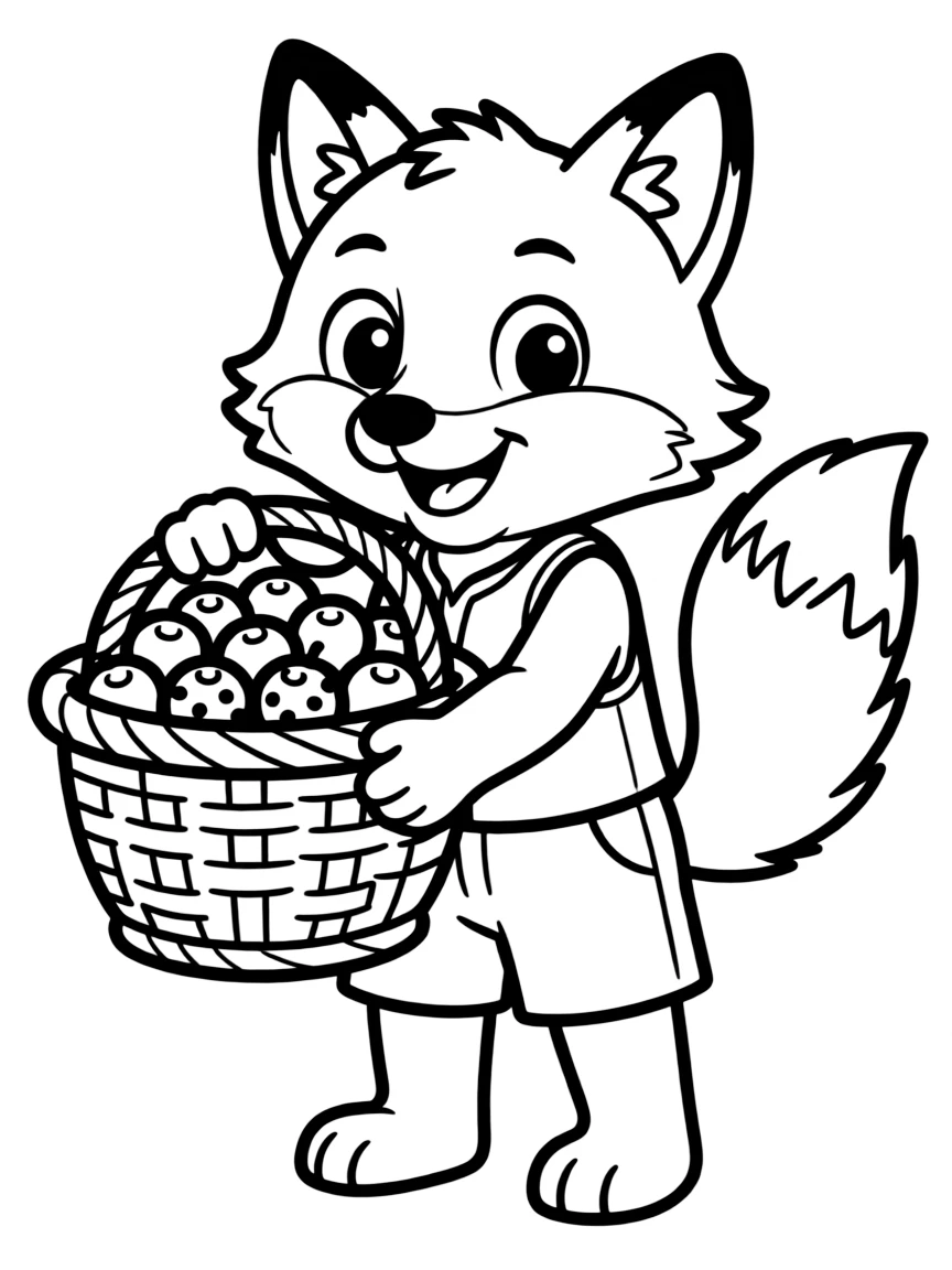 Cute cartoon fox with a basket of berries coloring book page