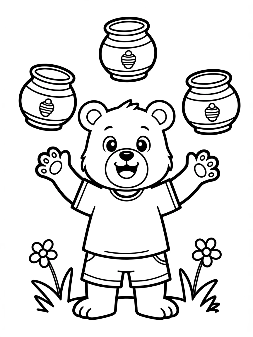 Cute cartoon bear juggling honey pots coloring book page