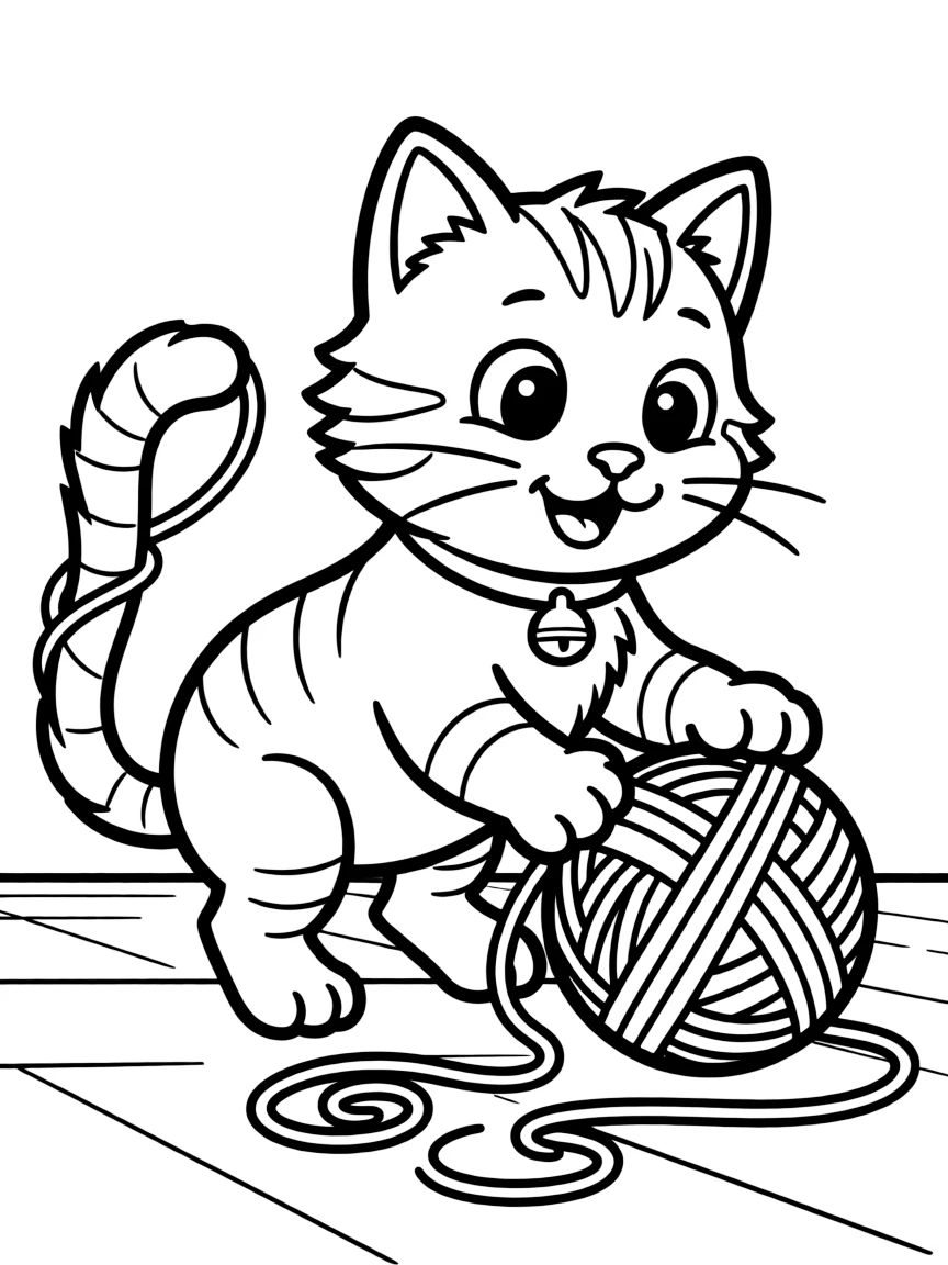 Cute cartoon cat playing with yarn coloring book page