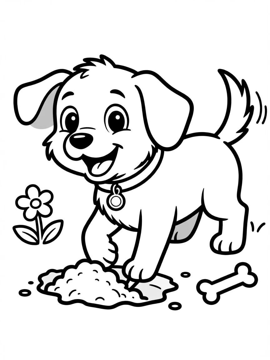 Cute cartoon dog digging a hole coloring book page