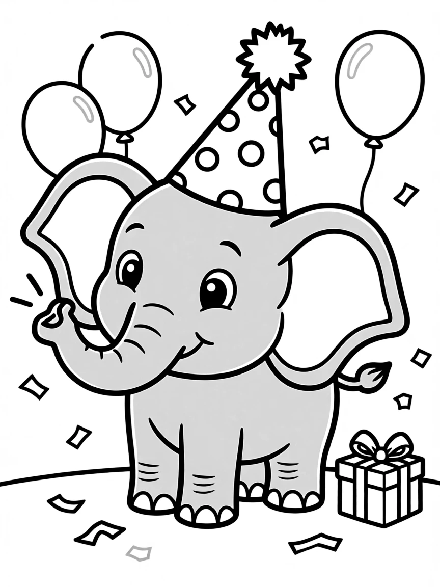 Cute cartoon elephant wearing a party hat coloring book page