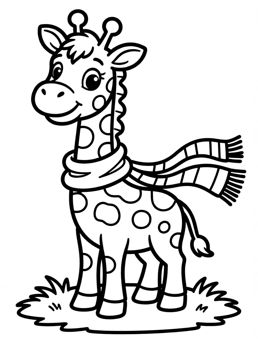 Cute cartoon giraffe with a long scarf coloring book page