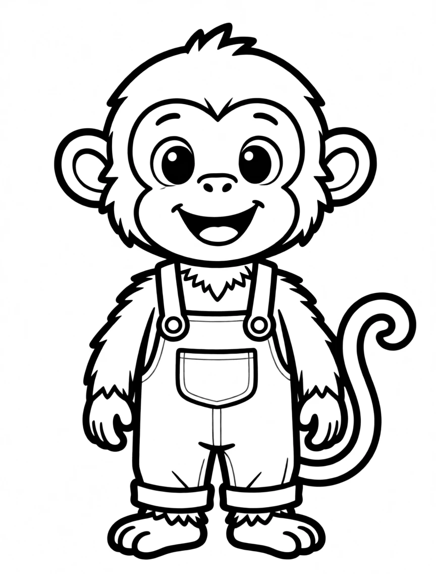 Cute cartoon monkey wearing overalls coloring book page