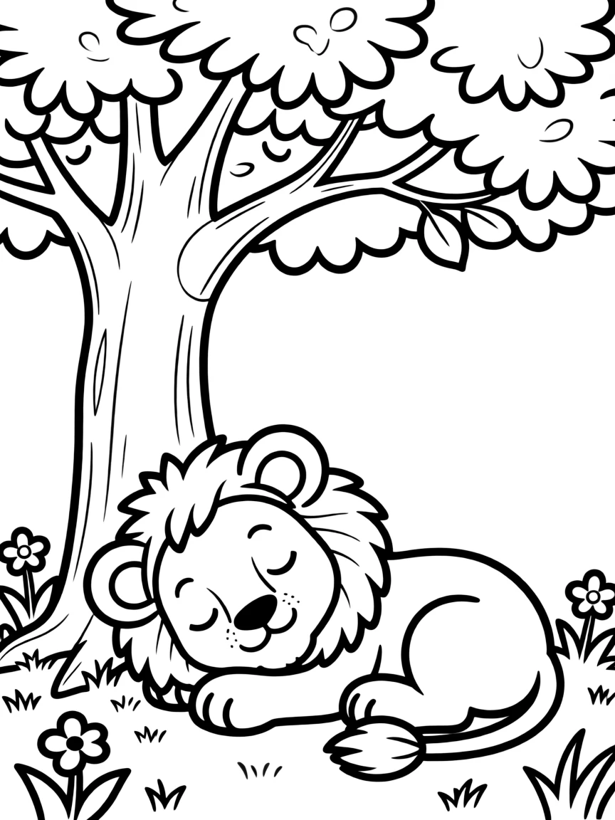 Cute cartoon lion cub napping under a tree coloring book page