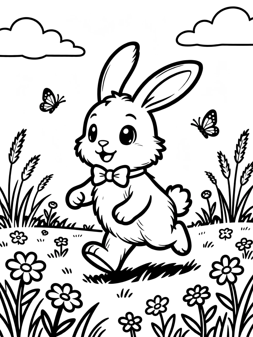 Cute cartoon bunny hopping through a field coloring book page