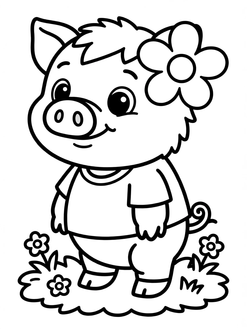 Cute cartoon pig wearing a flower behind its ear coloring book page