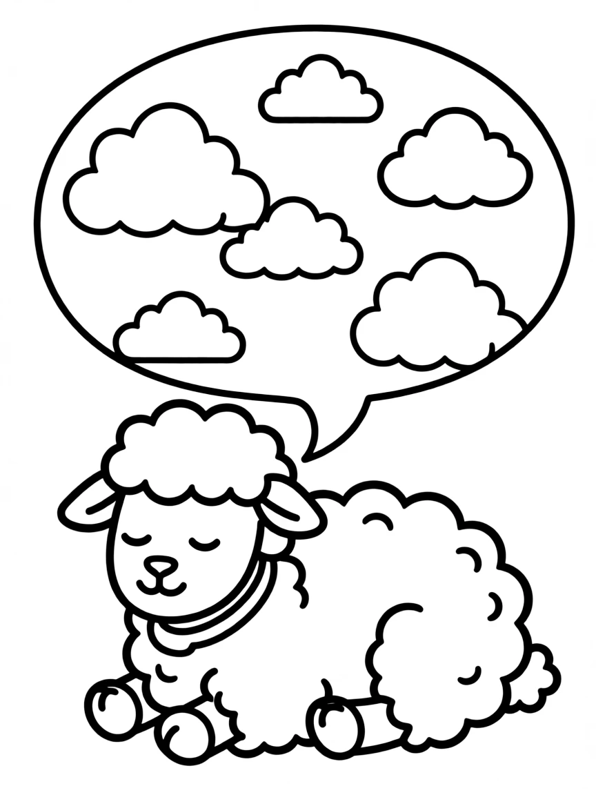Cute cartoon sheep having a dream about clouds coloring book page