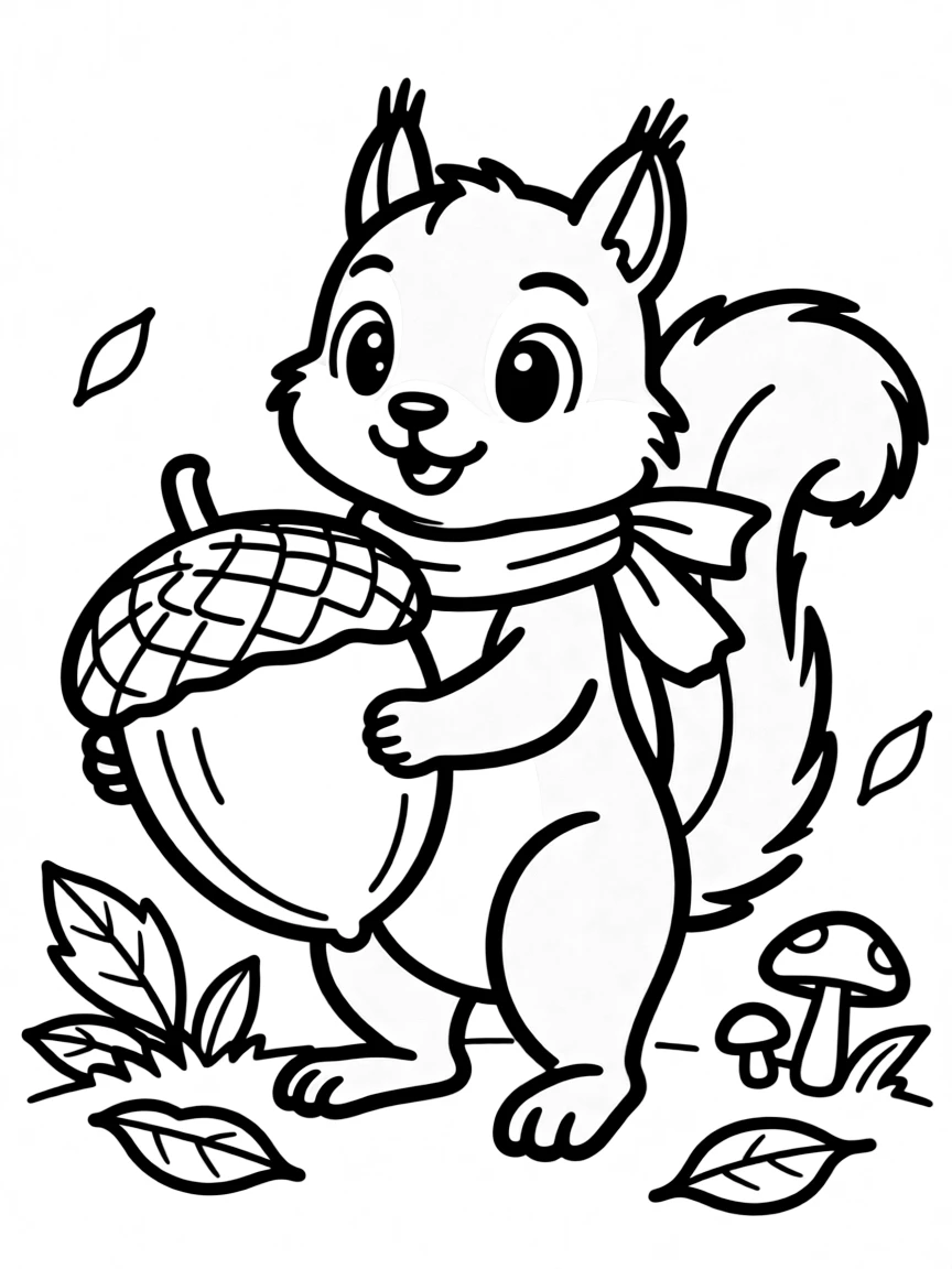 Cute cartoon squirrel with a giant nut coloring book page