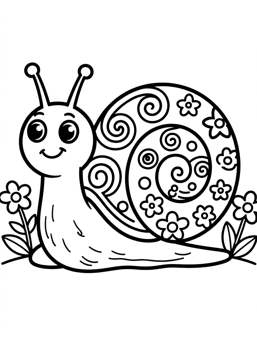 Cute cartoon snail with a patterned shell coloring book page
