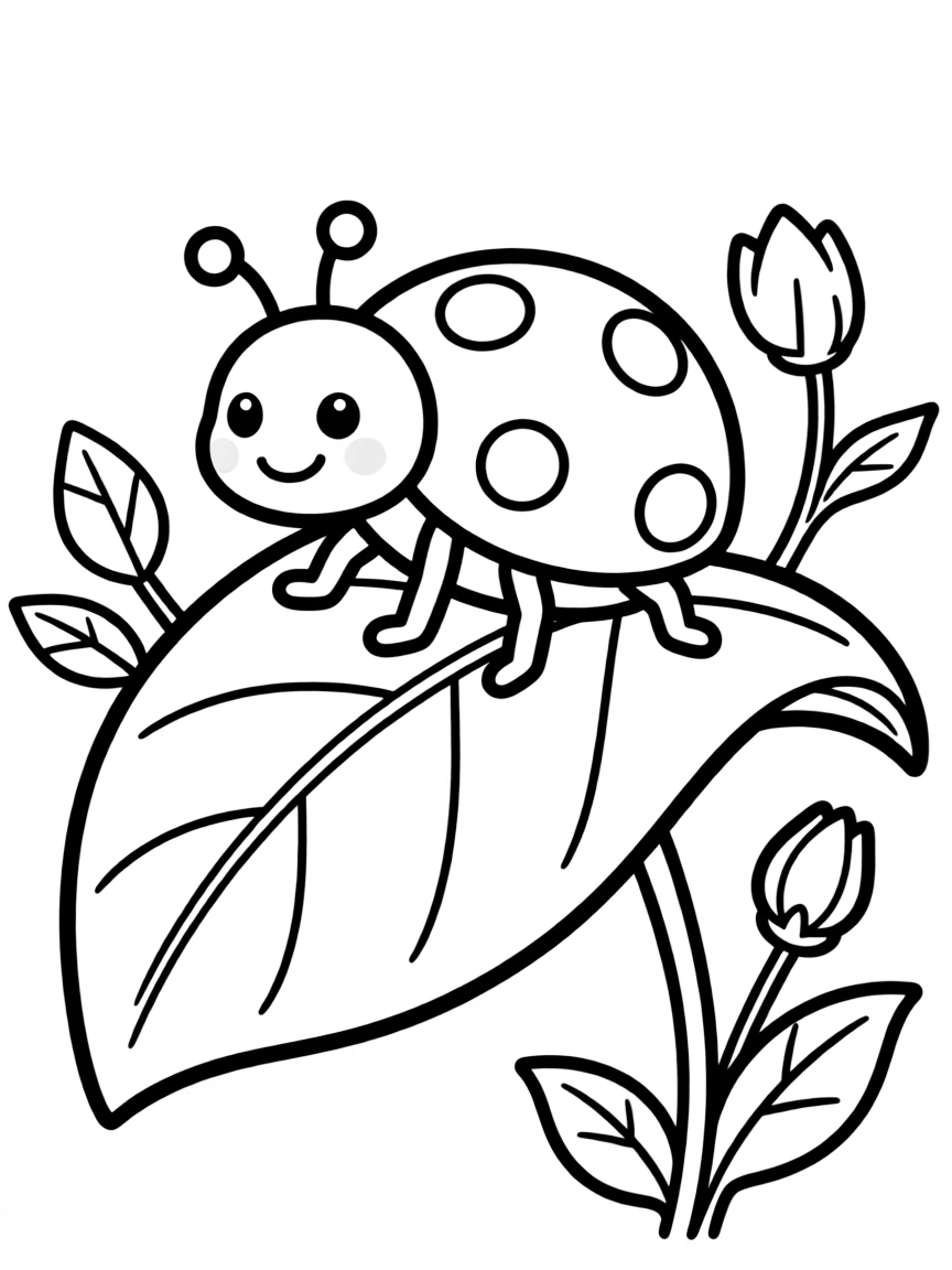 Cute cartoon ladybug exploring a leaf coloring book page