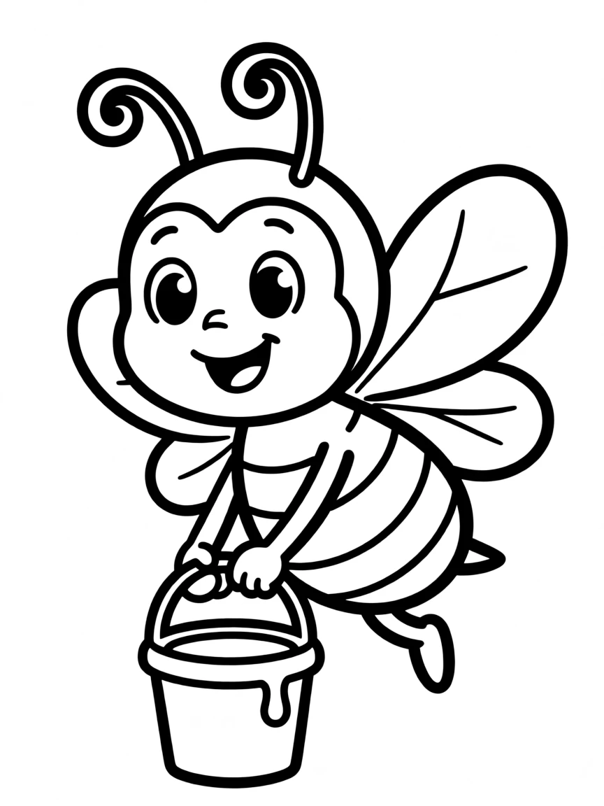 Cute cartoon bee carrying a tiny bucket of honey coloring book page