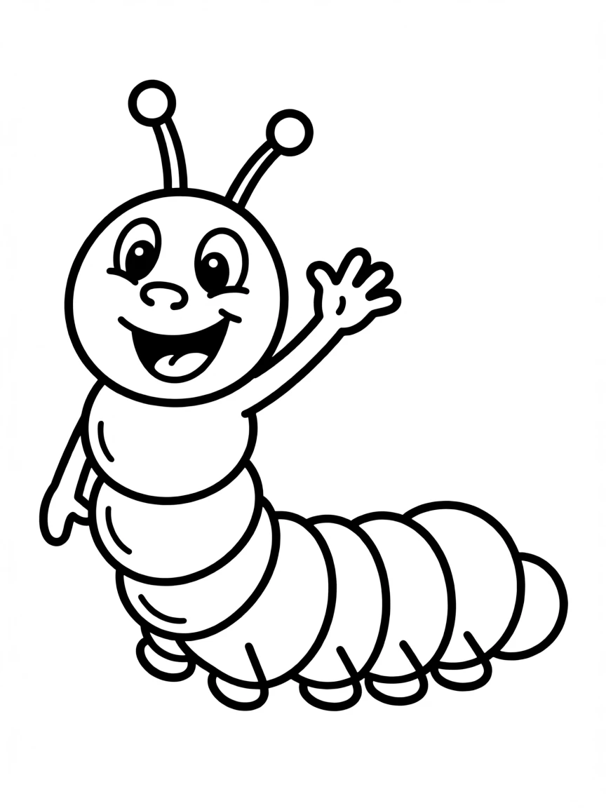 Cute cartoon caterpillar waving hello coloring book page