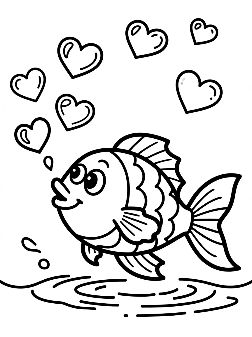 Cute cartoon fish blowing heart bubbles coloring book page
