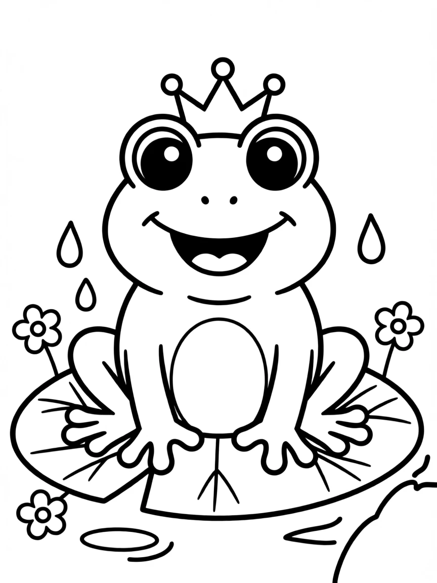 Cute cartoon frog wearing a tiny crown coloring book page