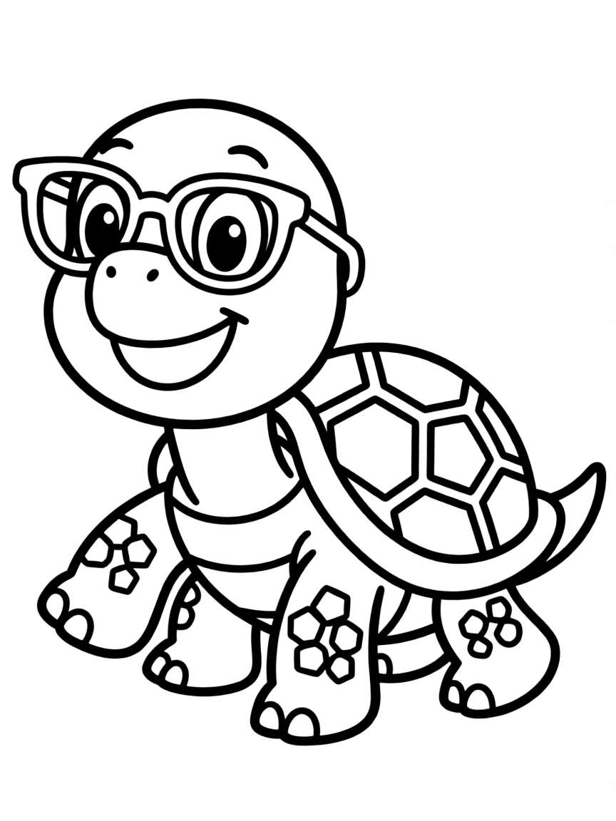 Cute cartoon turtle wearing sunglasses coloring book page