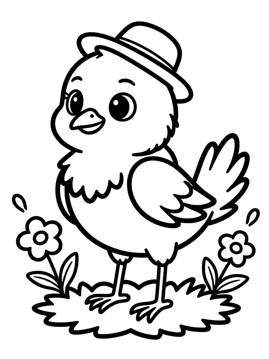 Cute cartoon bird wearing a tiny hat coloring book page