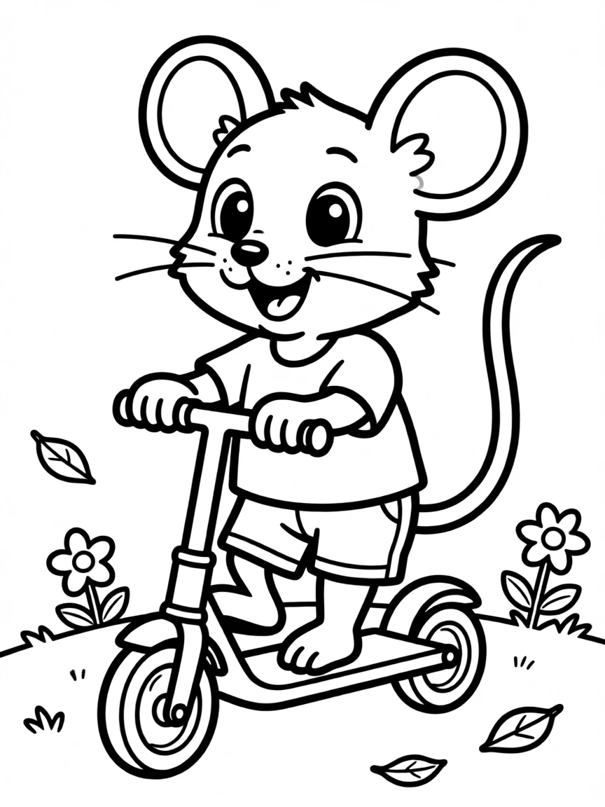 Cute cartoon mouse riding a scooter coloring book page