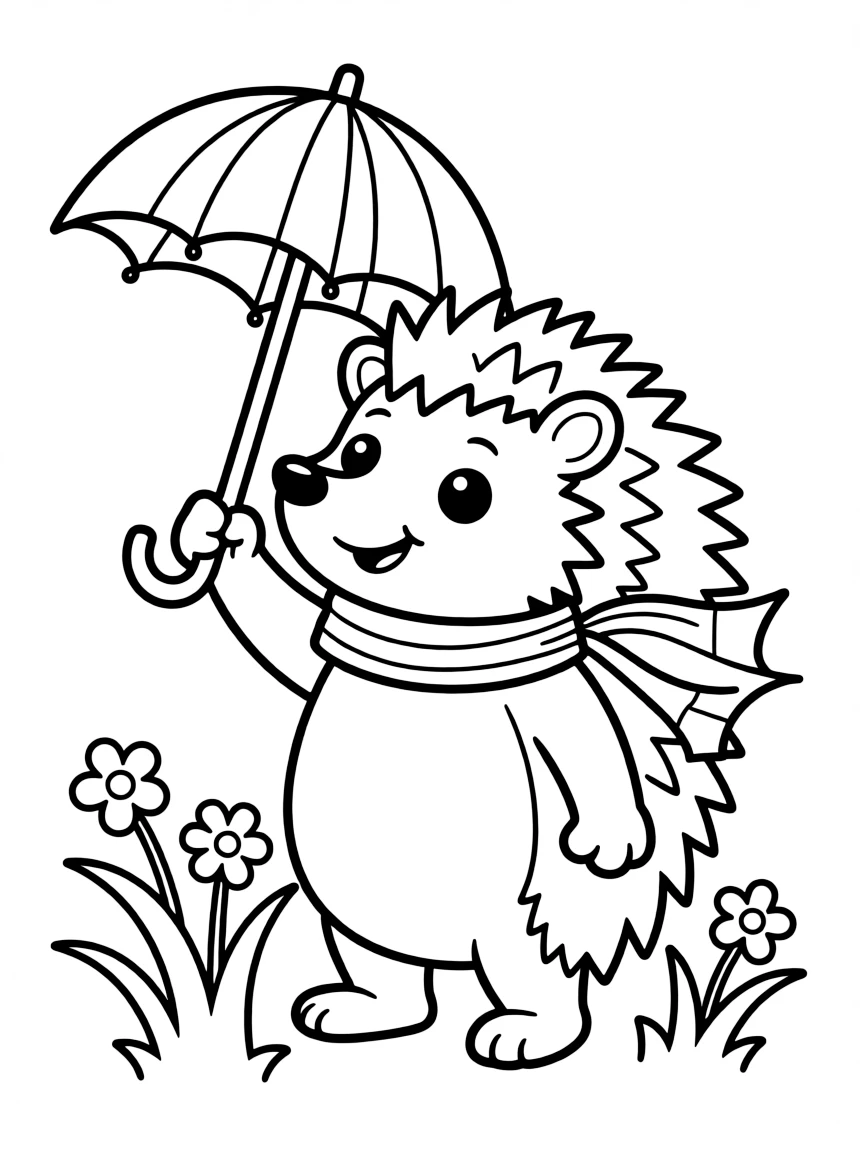 Cute cartoon hedgehog holding a tiny umbrella coloring book page