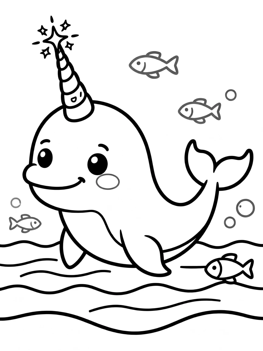 Cute cartoon narwhal with a sparkly horn coloring book page