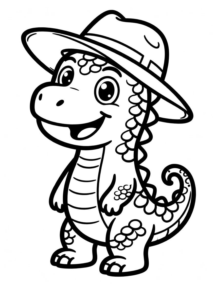 Cute cartoon dinosaur trying on a hat coloring book page