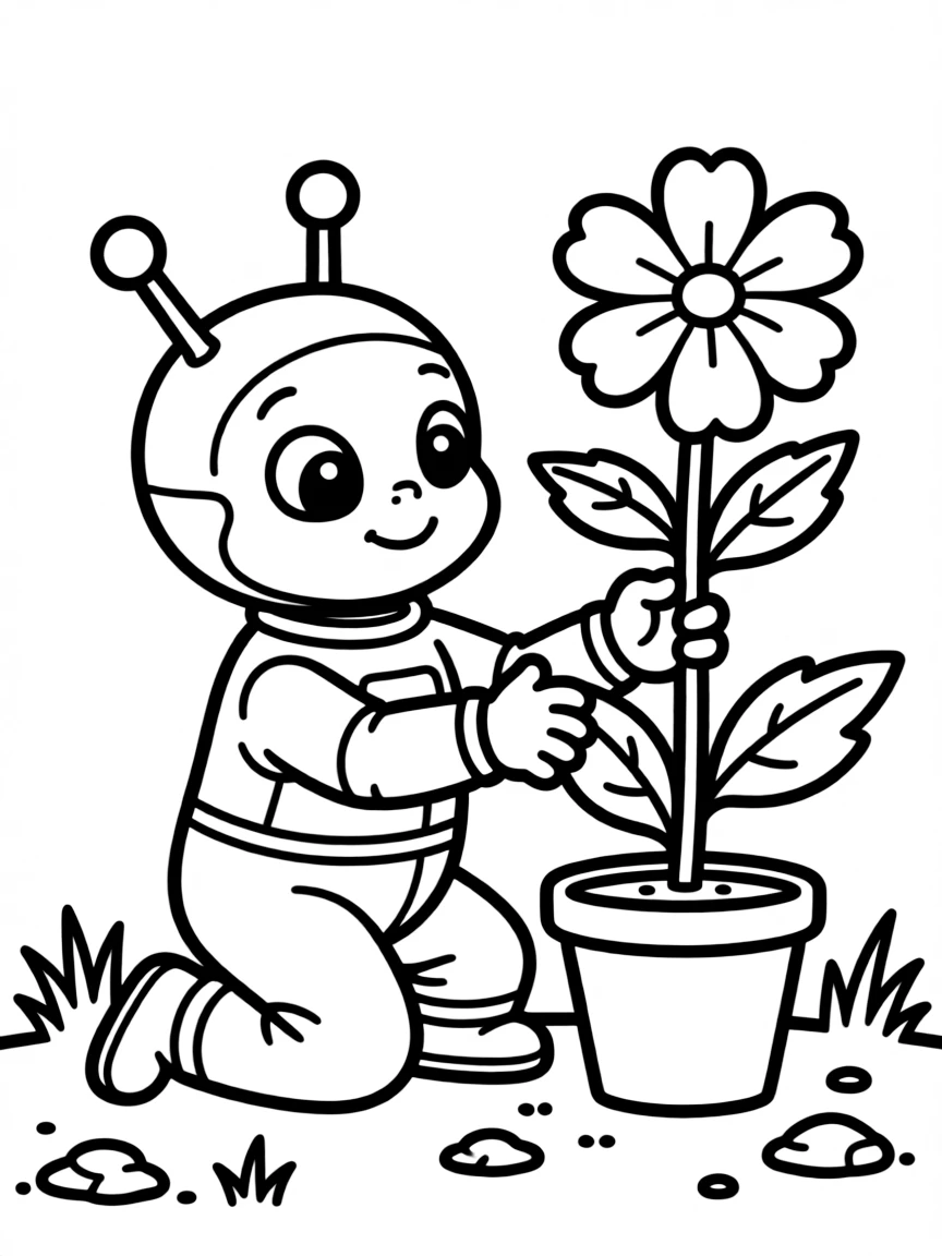 Cute cartoon alien planting a flower coloring book page