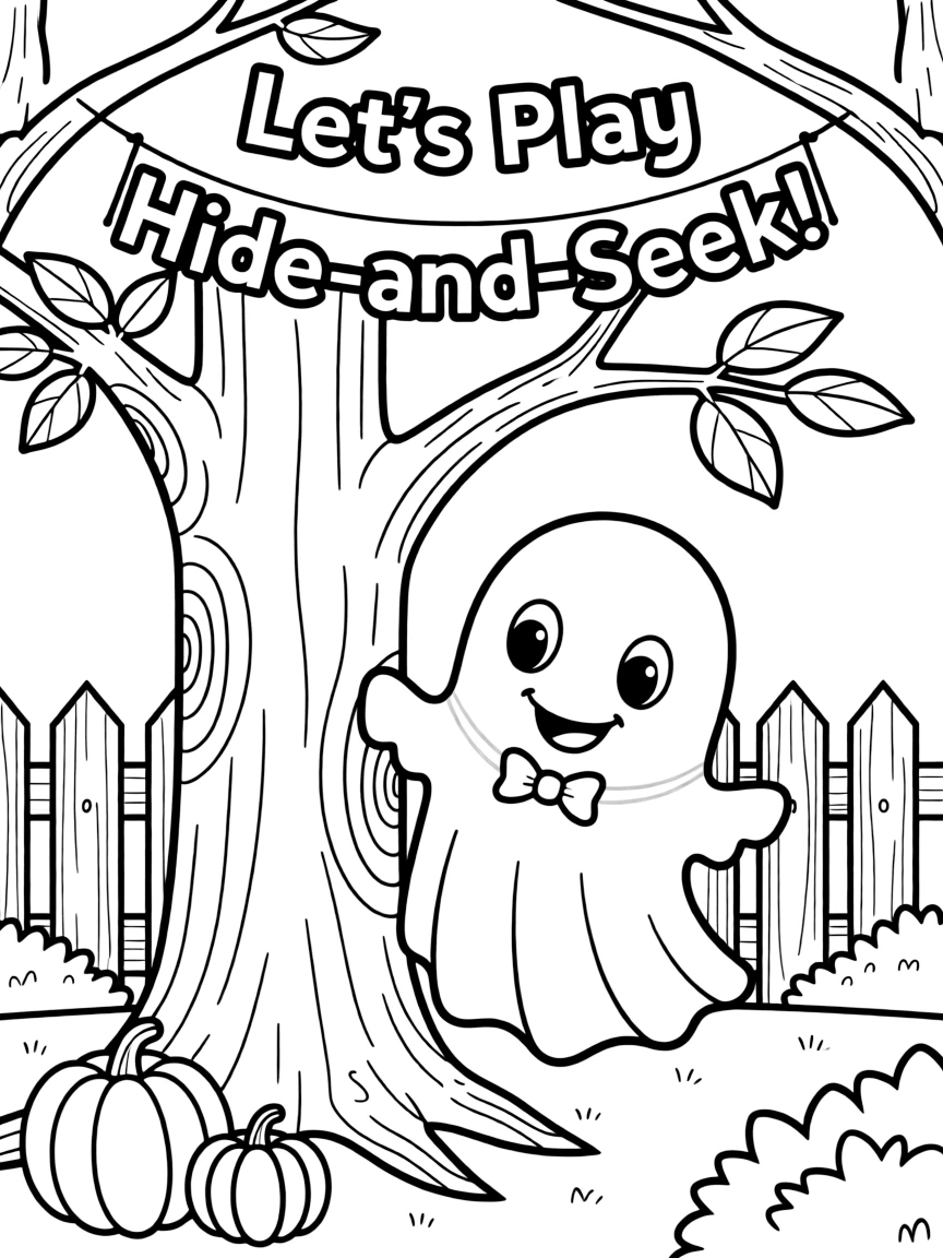 Cute cartoon ghost playing hide-and-seek coloring book page