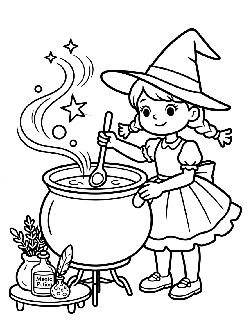 Cute cartoon witch making a potion that sparkles coloring book page