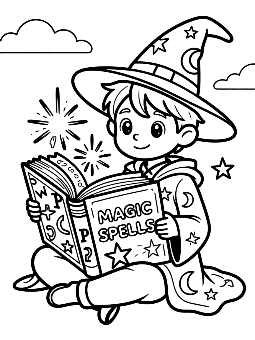 Cute cartoon wizard reading a giant spellbook coloring book page