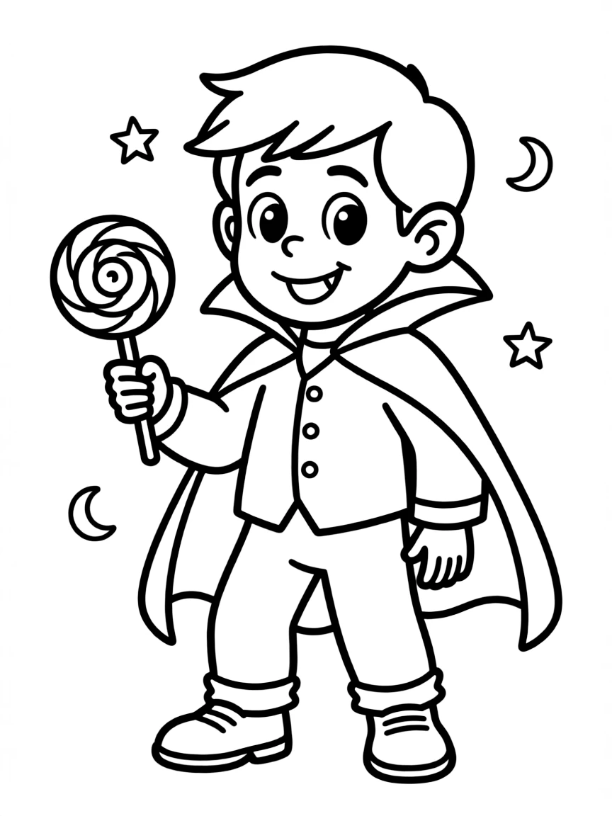 Cute cartoon vampire offering a lollipop coloring book page