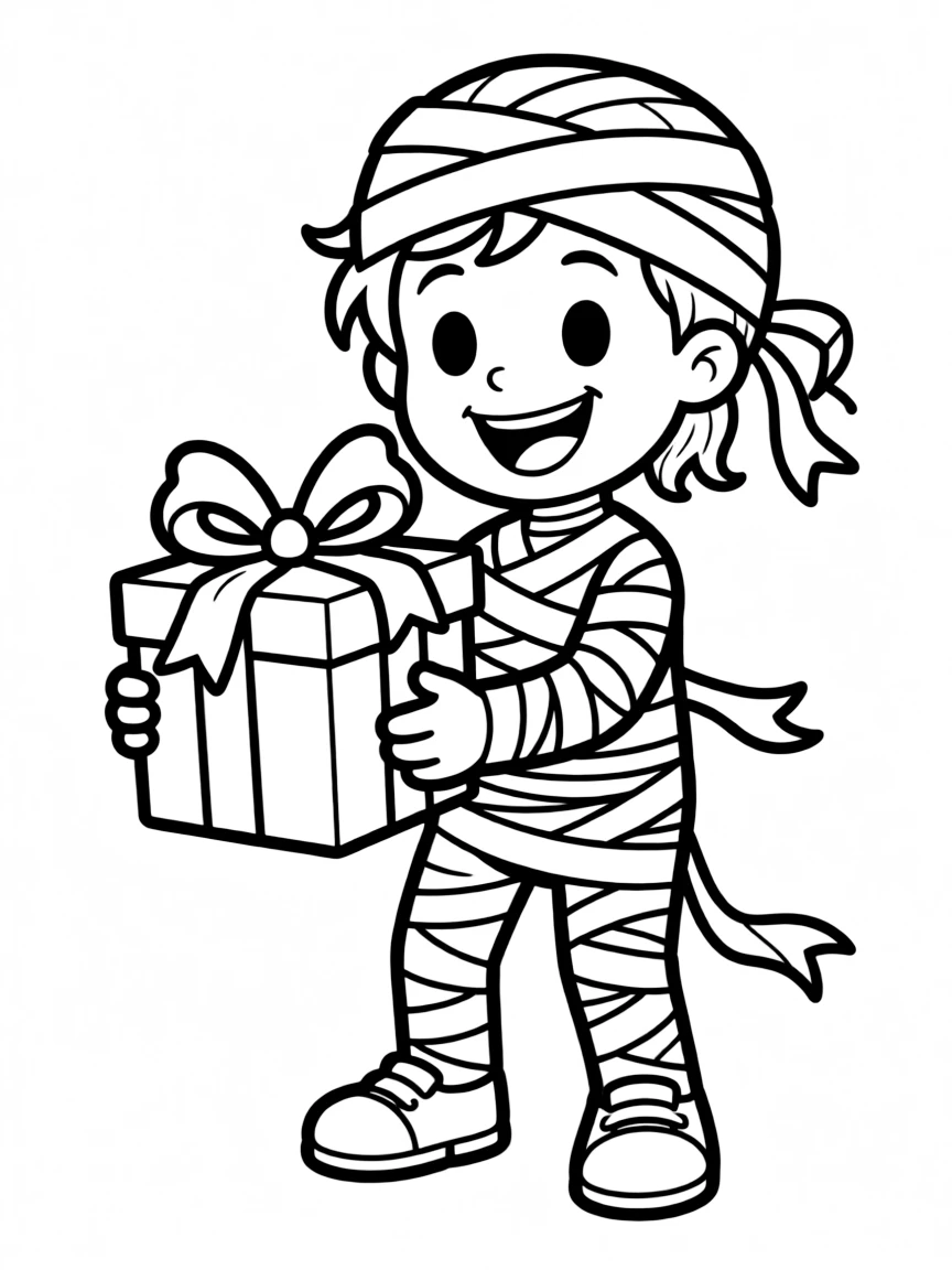 Cute cartoon mummy wrapping a present coloring book page
