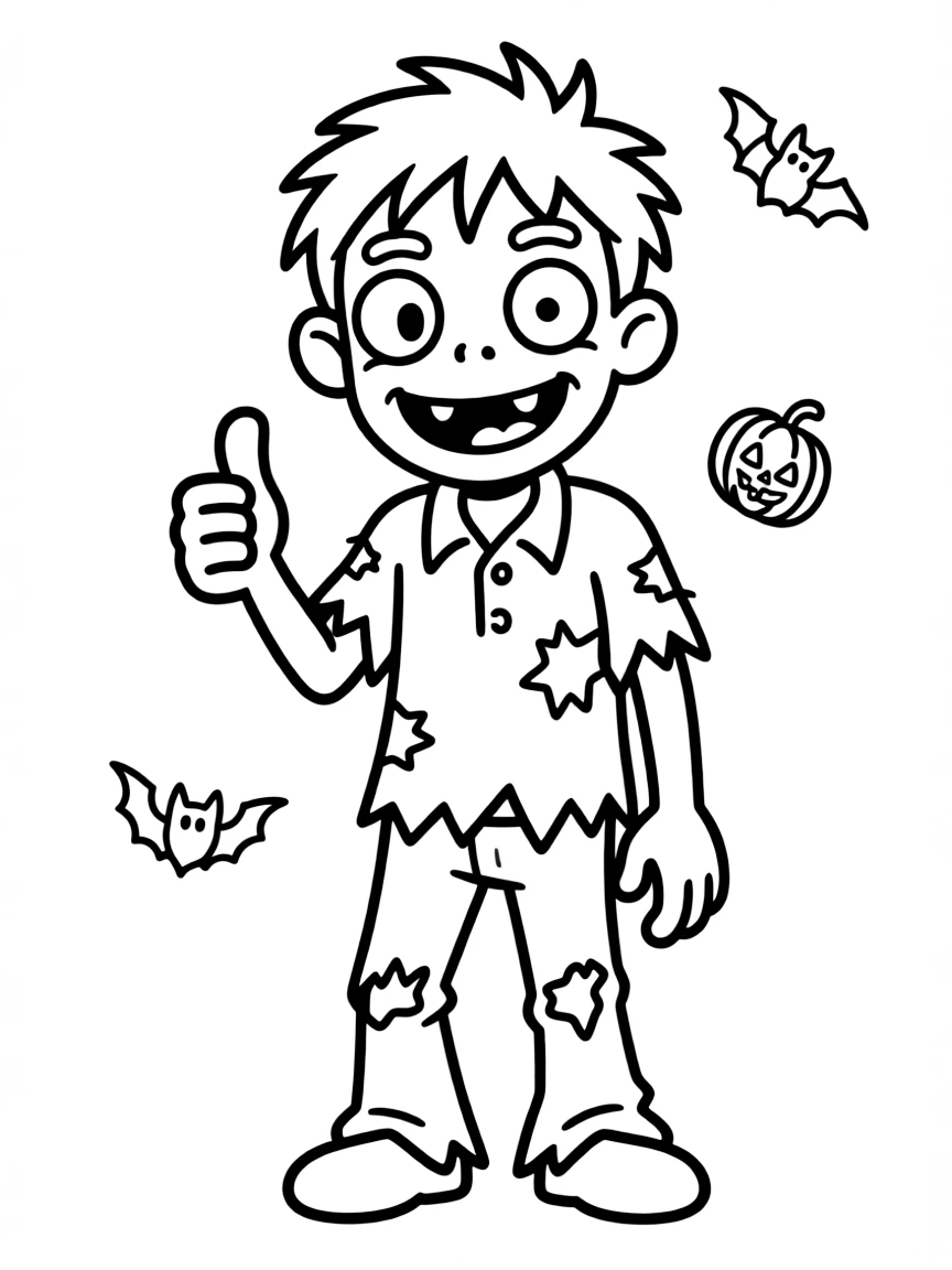 Cute cartoon zombie with a thumbs up coloring book page