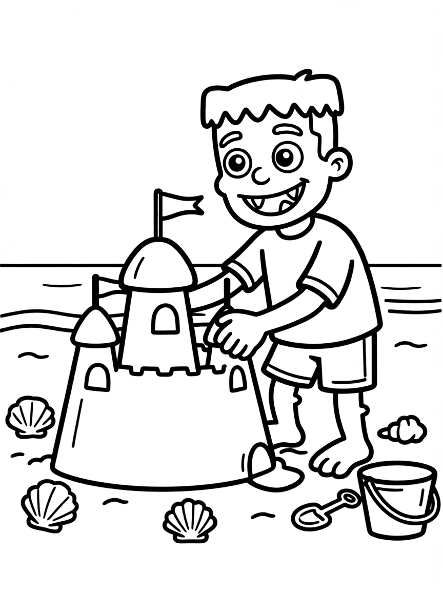 Cute cartoon Frankenstein's monster making a sandcastle coloring book page