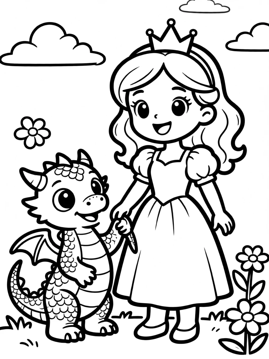 Cute cartoon princess with a pet dragon coloring book page
