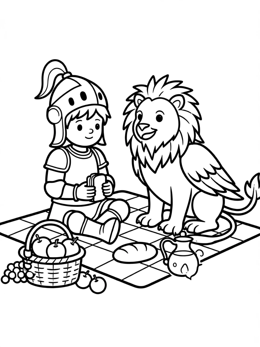 Cute cartoon knight sharing a picnic with a griffin coloring book page