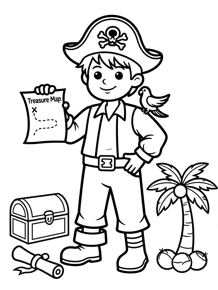 Cute cartoon pirate with a tiny treasure map coloring book page