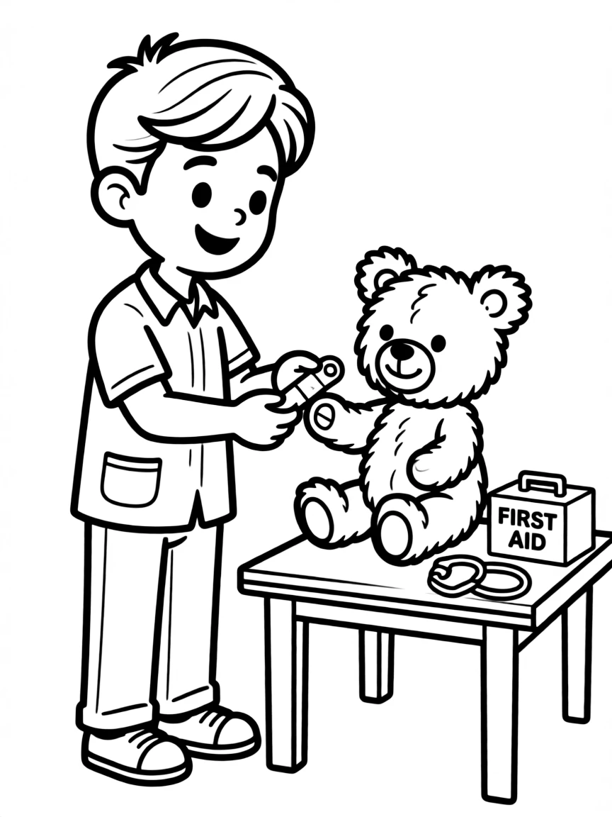 Cute cartoon doctor giving a bandage to a teddy bear coloring book page
