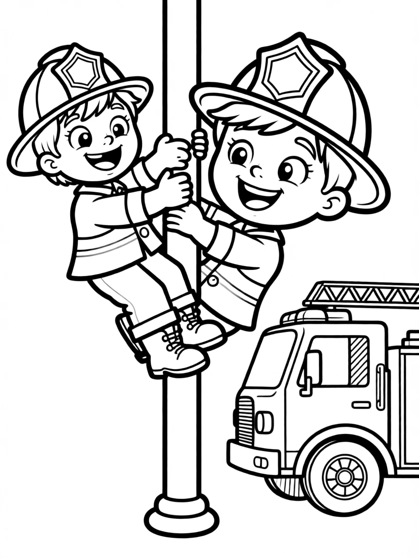 Cute cartoon firefighter sliding down a pole coloring book page