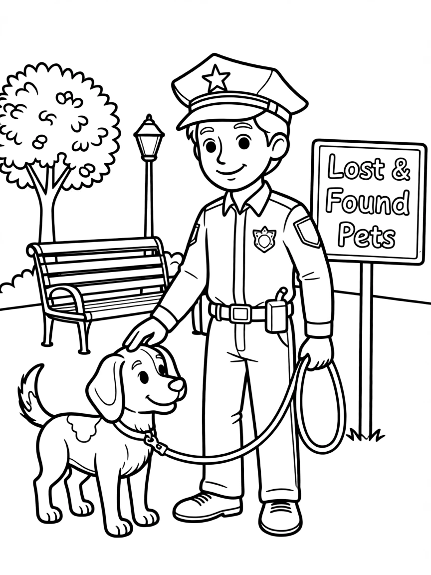Cute cartoon police officer helping a lost dog coloring book page