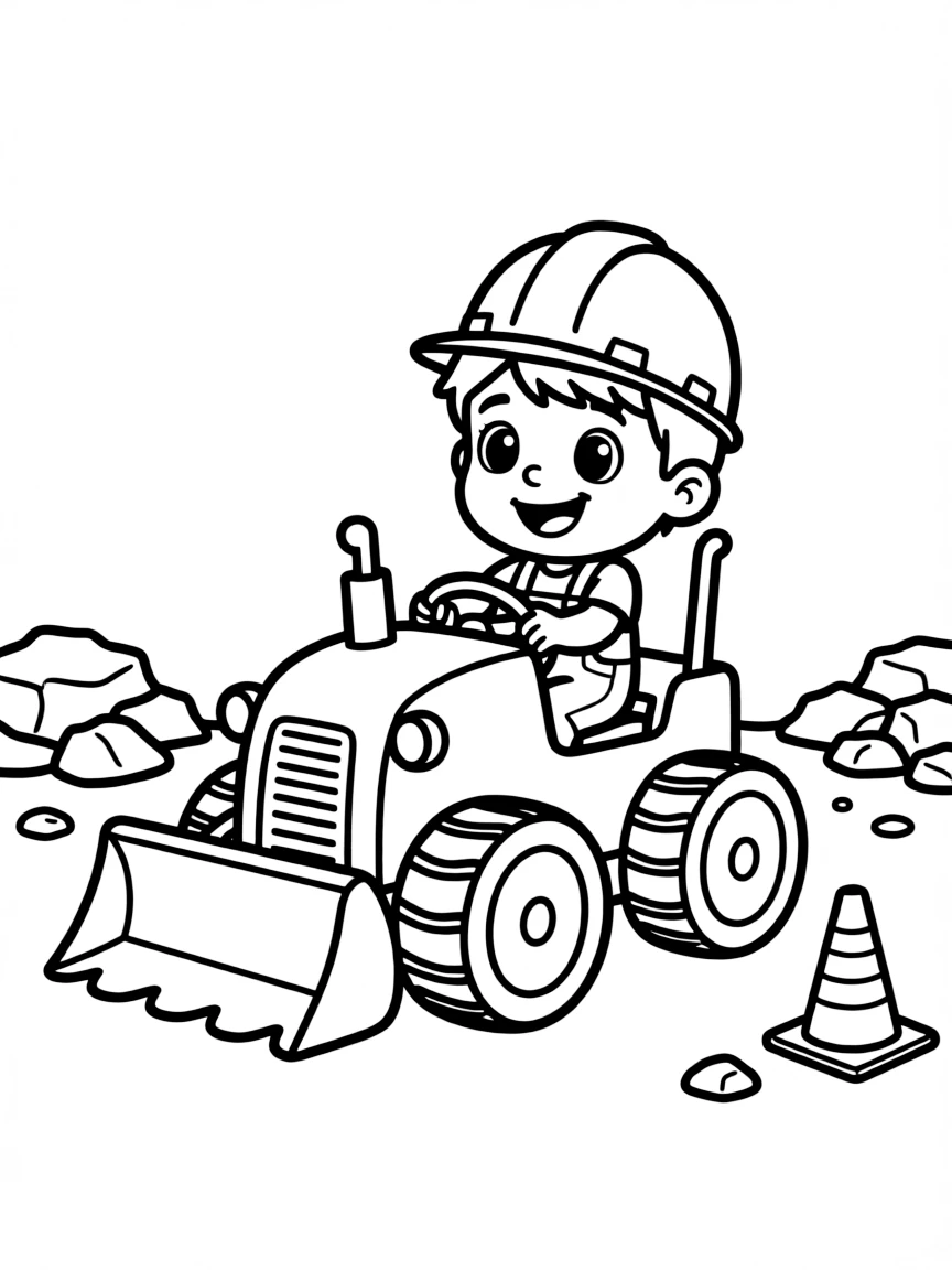 Cute cartoon construction worker driving a tiny bulldozer coloring book page
