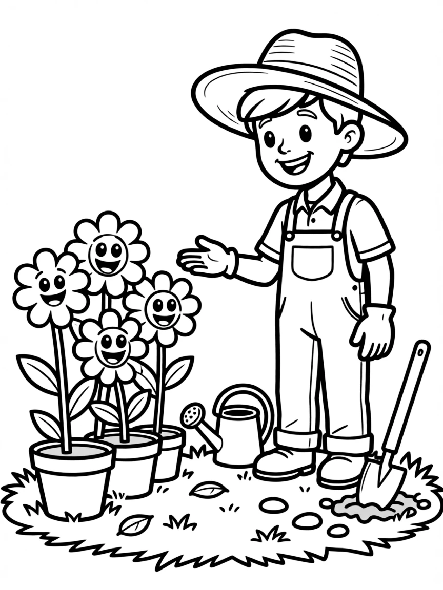 Cute cartoon gardener talking to plants coloring book page