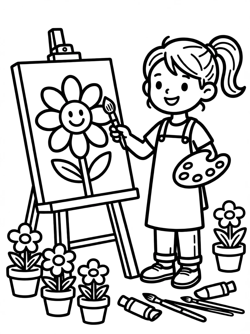 Cute cartoon artist painting a portrait of a flower coloring book page