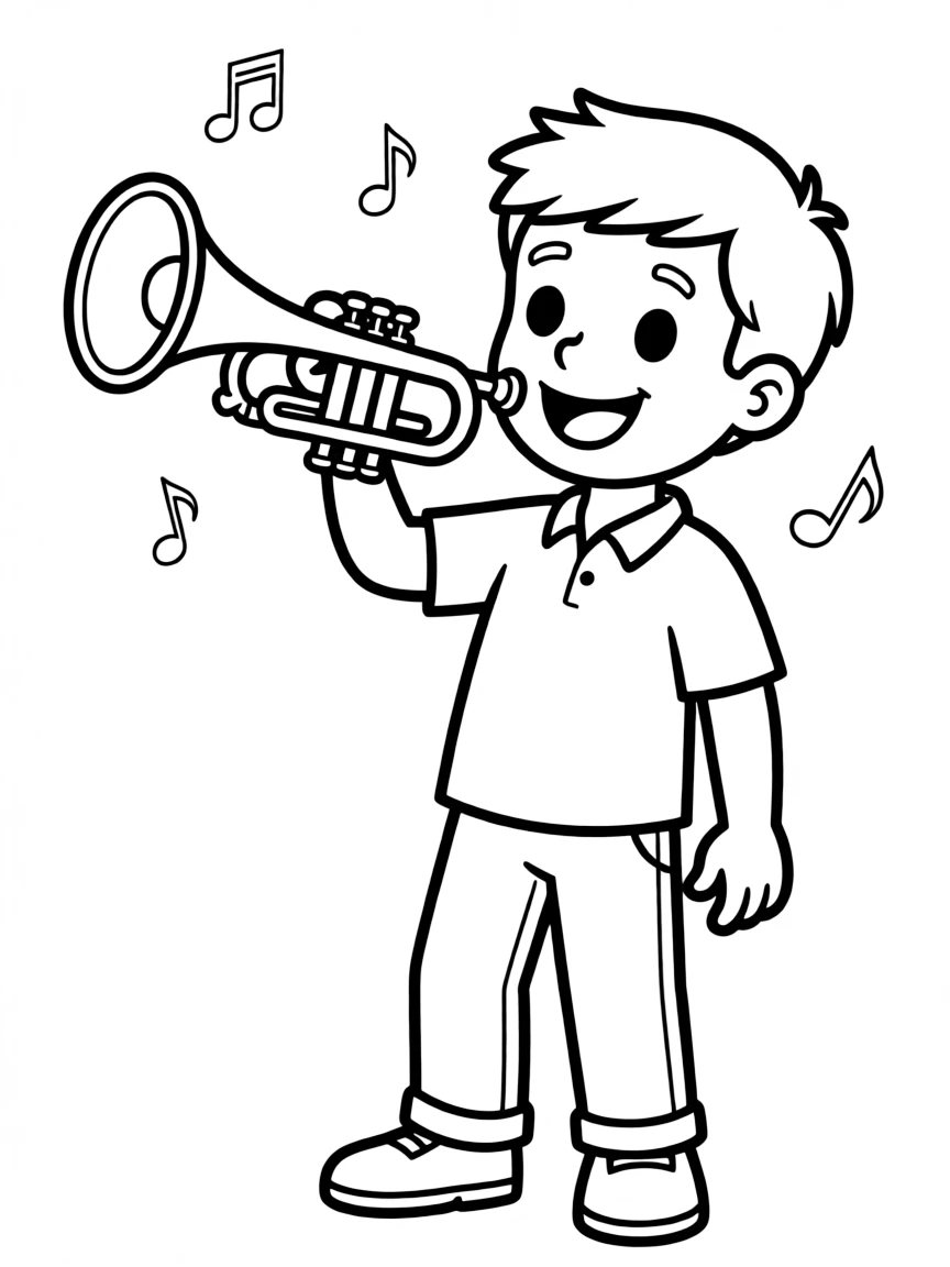 Cute cartoon musician playing a trumpet coloring book page