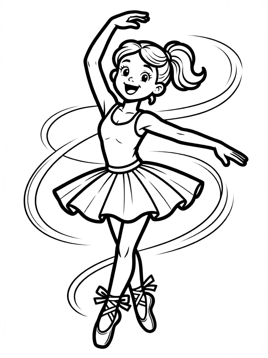 Cute cartoon dancer gracefully leaping coloring book page