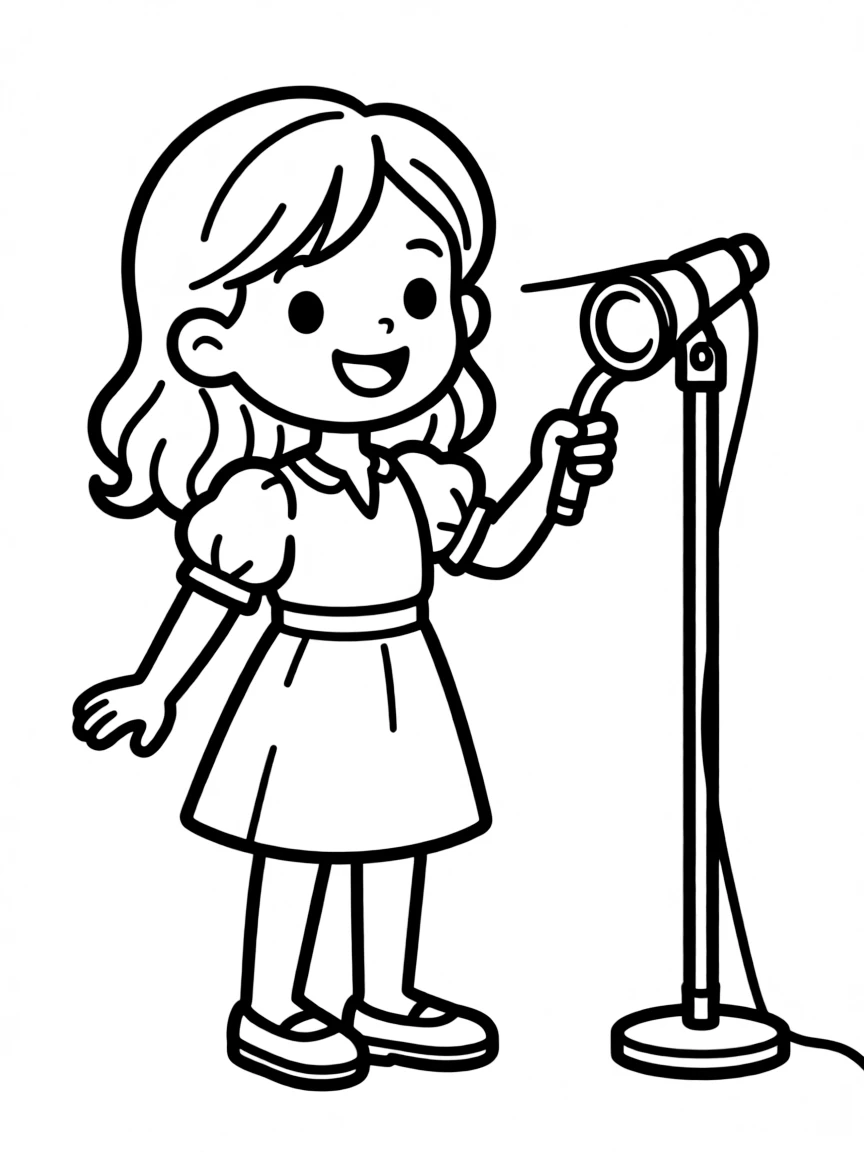 Cute cartoon singer holding a tiny stage light coloring book page