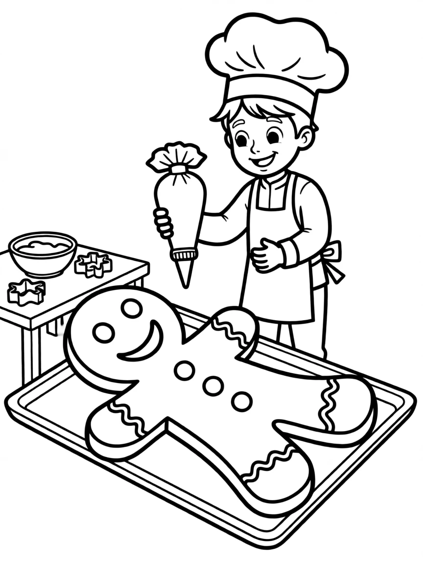 Cute cartoon baker making a giant gingerbread man coloring book page