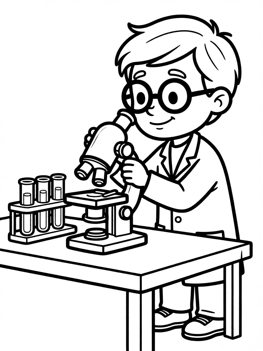 Cute cartoon scientist looking through a microscope coloring book page