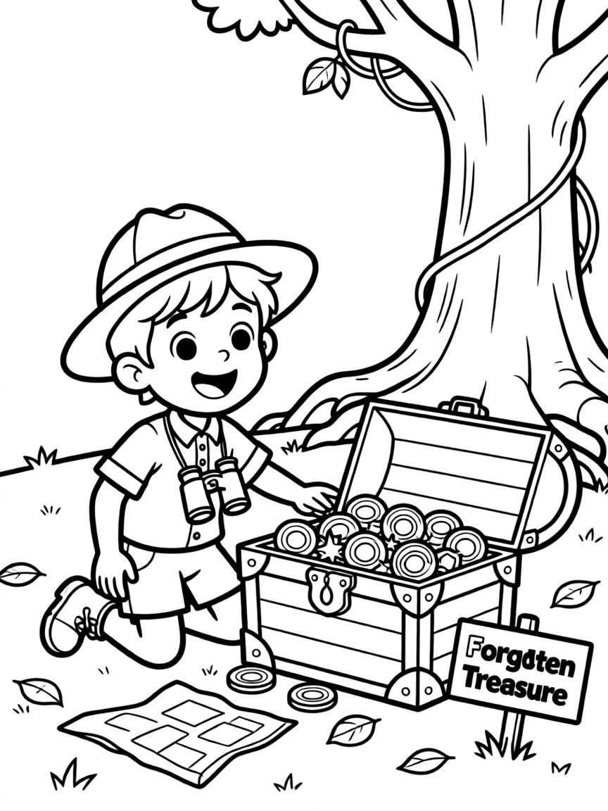 Cute cartoon explorer finding a forgotten treasure coloring book page