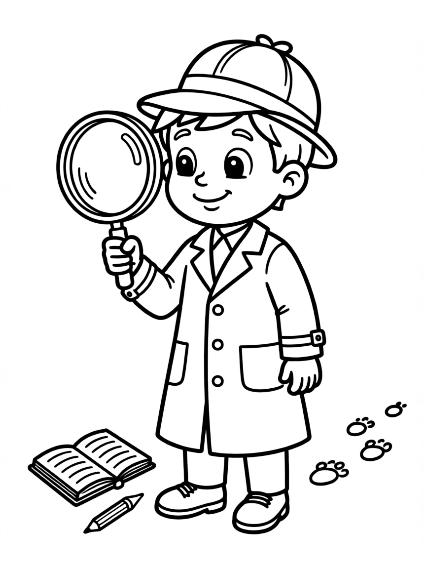 Cute cartoon detective with a magnifying glass coloring book page