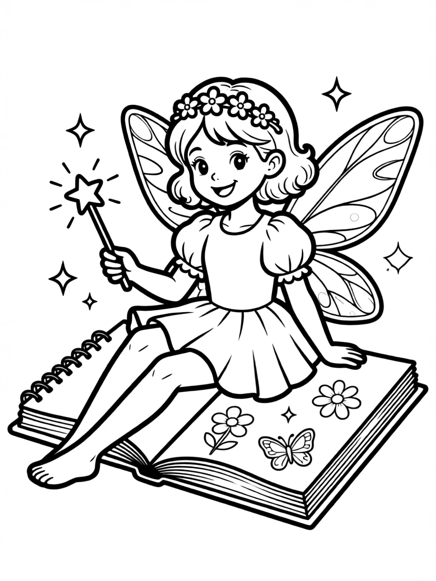Cute cartoon fairy drawing in a sketchbook coloring book page